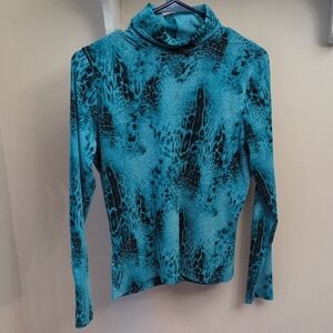 Teal and Black Patterned Turtleneck Top